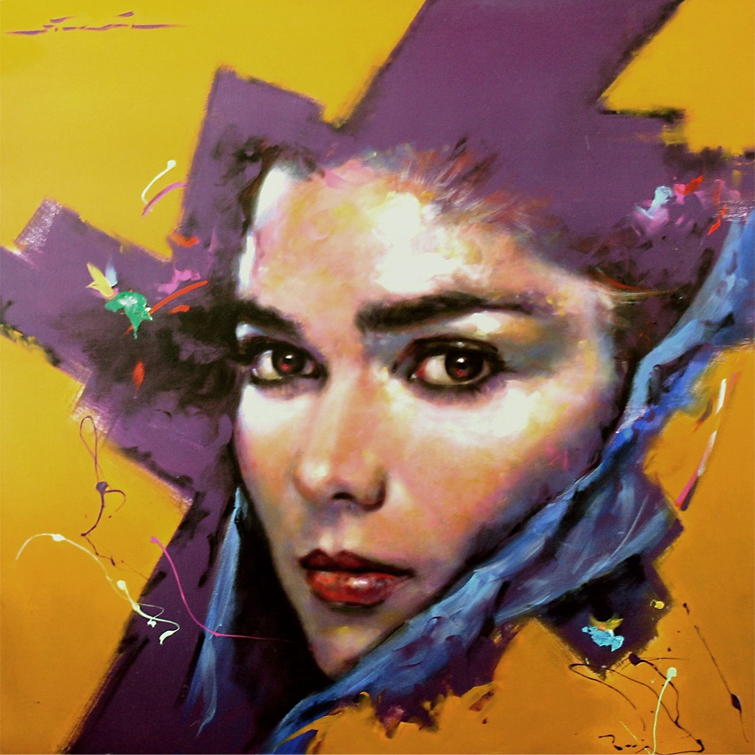 Macro retrato de Laura Harring sobre fondo ocre y violeta, acrílico sobre lienzo.